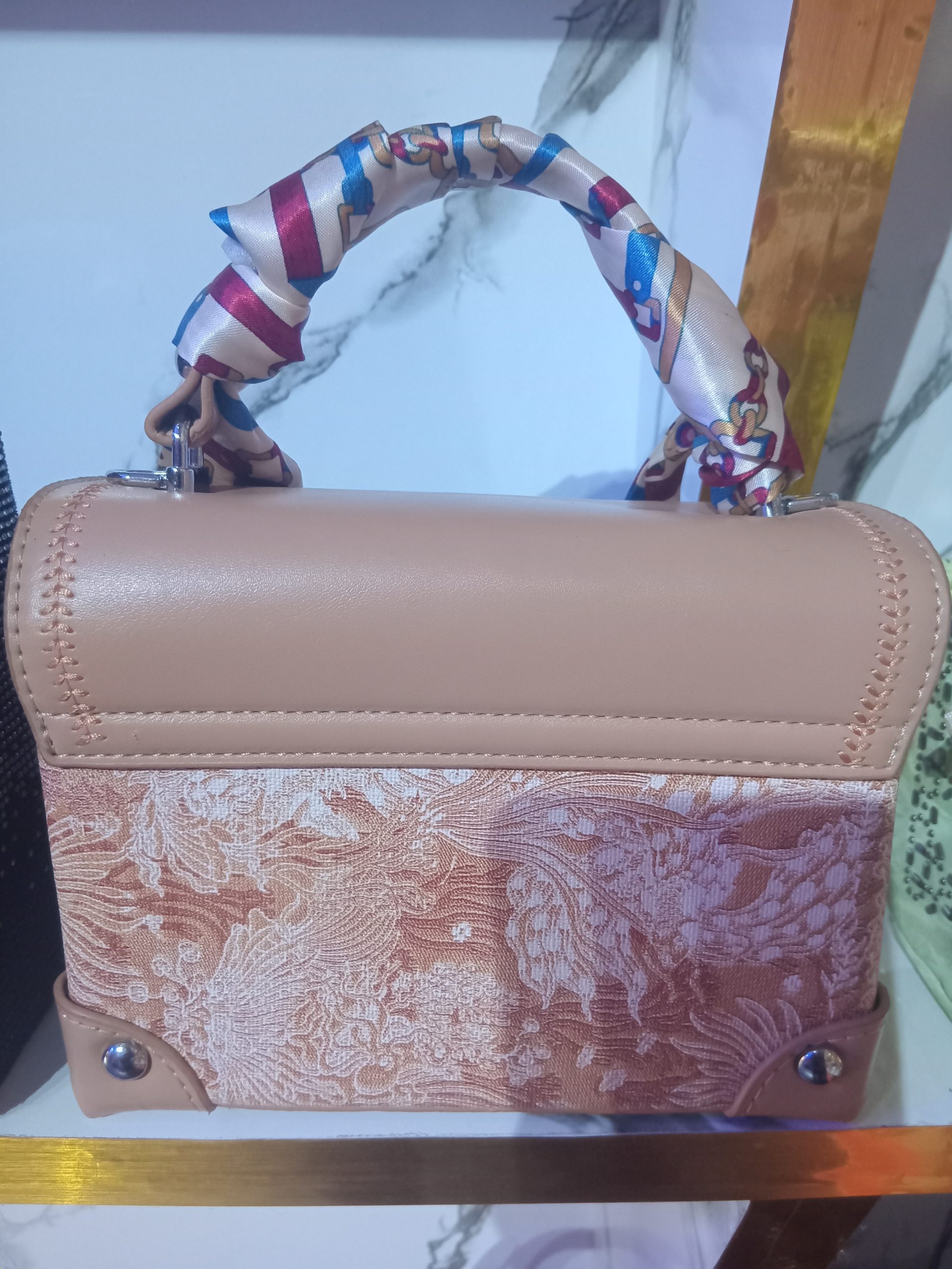 Louis Vuitton inspired brocade trunk handbag with scarf wrapped handle