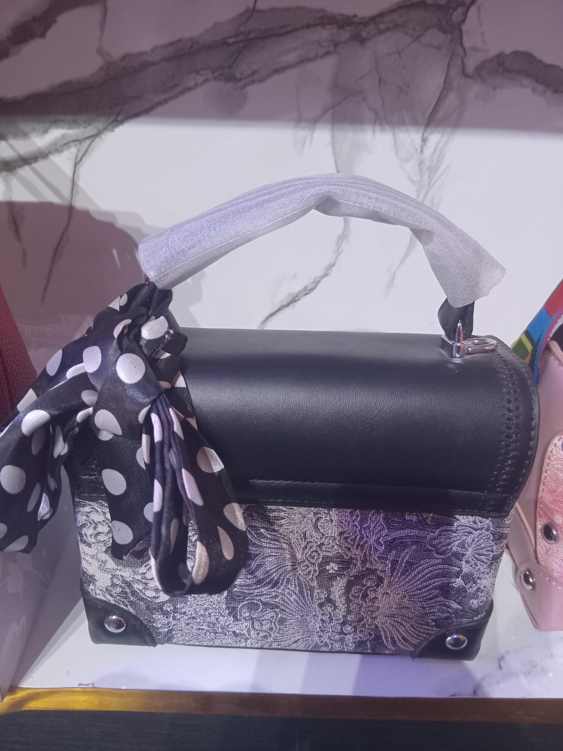 Louis Vuitton inspired brocade trunk handbag with scarf wrapped handle