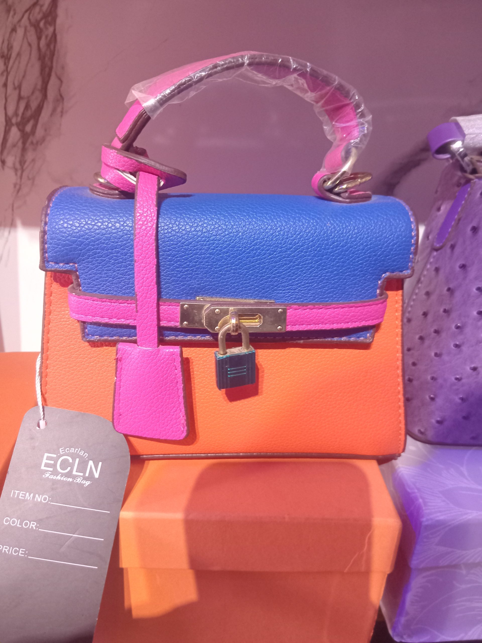 ECLN Colorblock Kelly Style Mini Leatherette Satchel Bag with Padlock – Multi