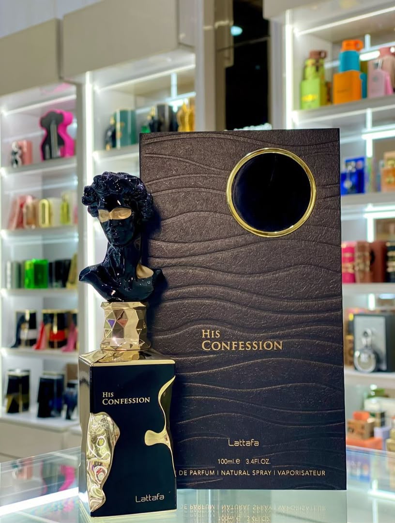 Lattafa His Confession 100ml perfume bottle with a black bust cap standing beside its textured presentation box.