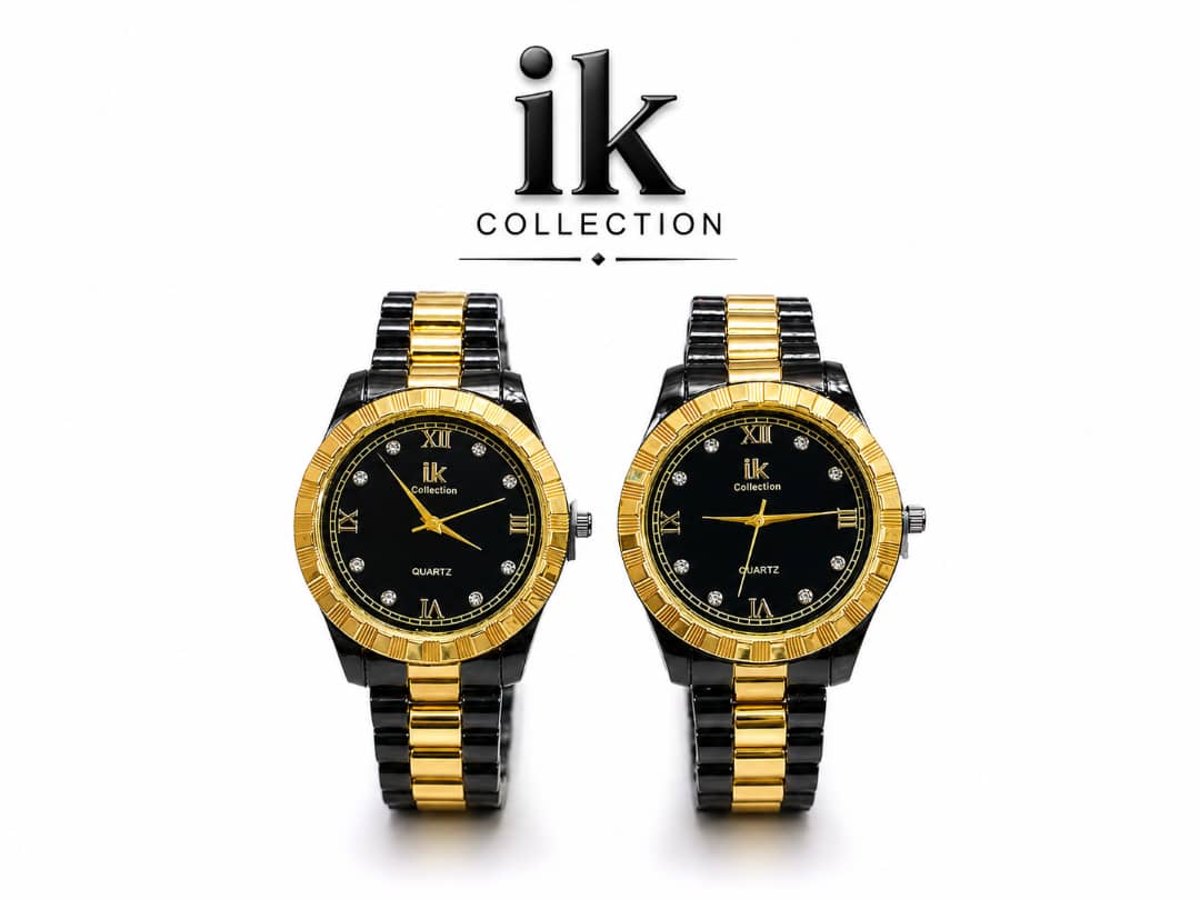 IK Collection two-tone black and gold quartz watch with a black crystal-accented dial.