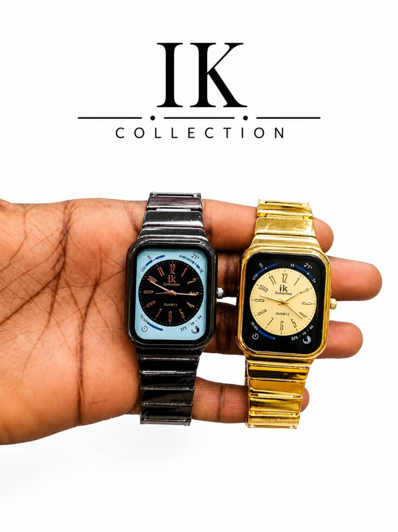 Two IK Collection smartwatch-style analog quartz watches in black and gold held in hand.