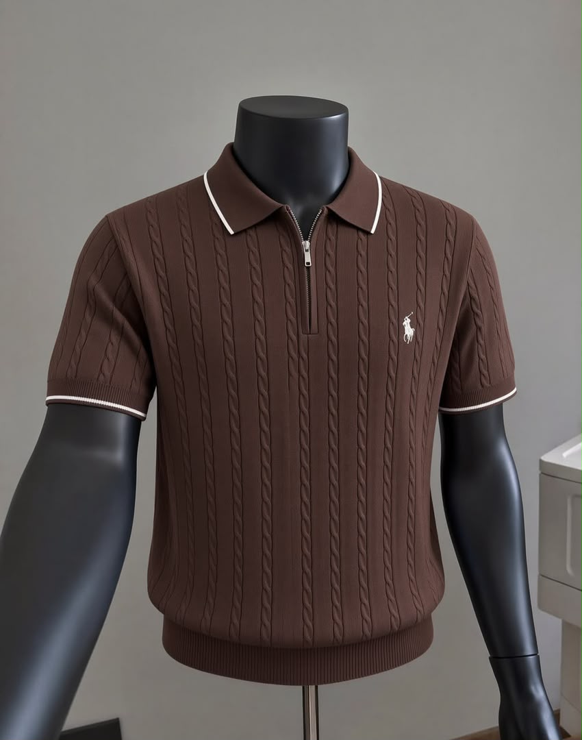 Brown Ralph Lauren cable-knit short-sleeve polo shirt with white-tipped collar and zip front.