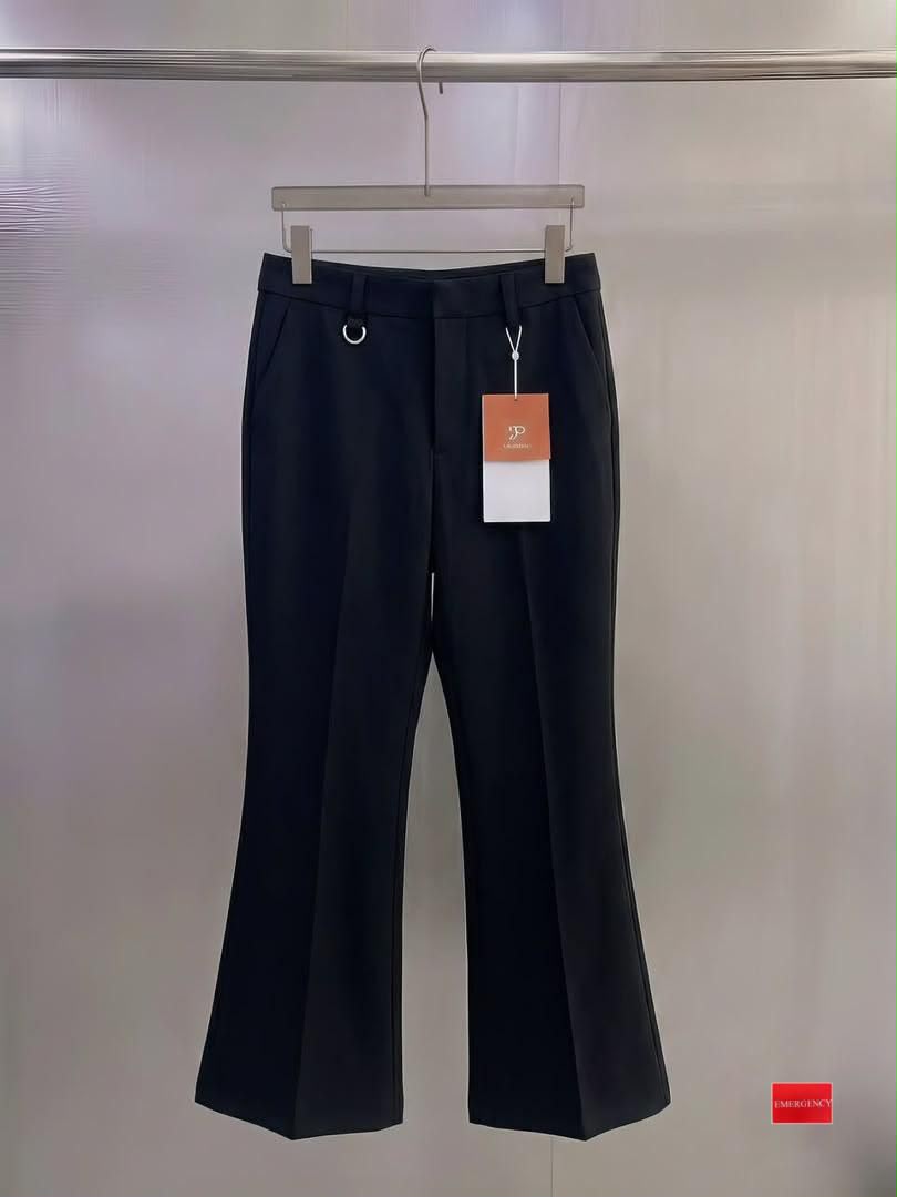Burgundy Flare Trousers Classic black Loro Piana Inspired high-waist tailored flare trousers on a hanger.