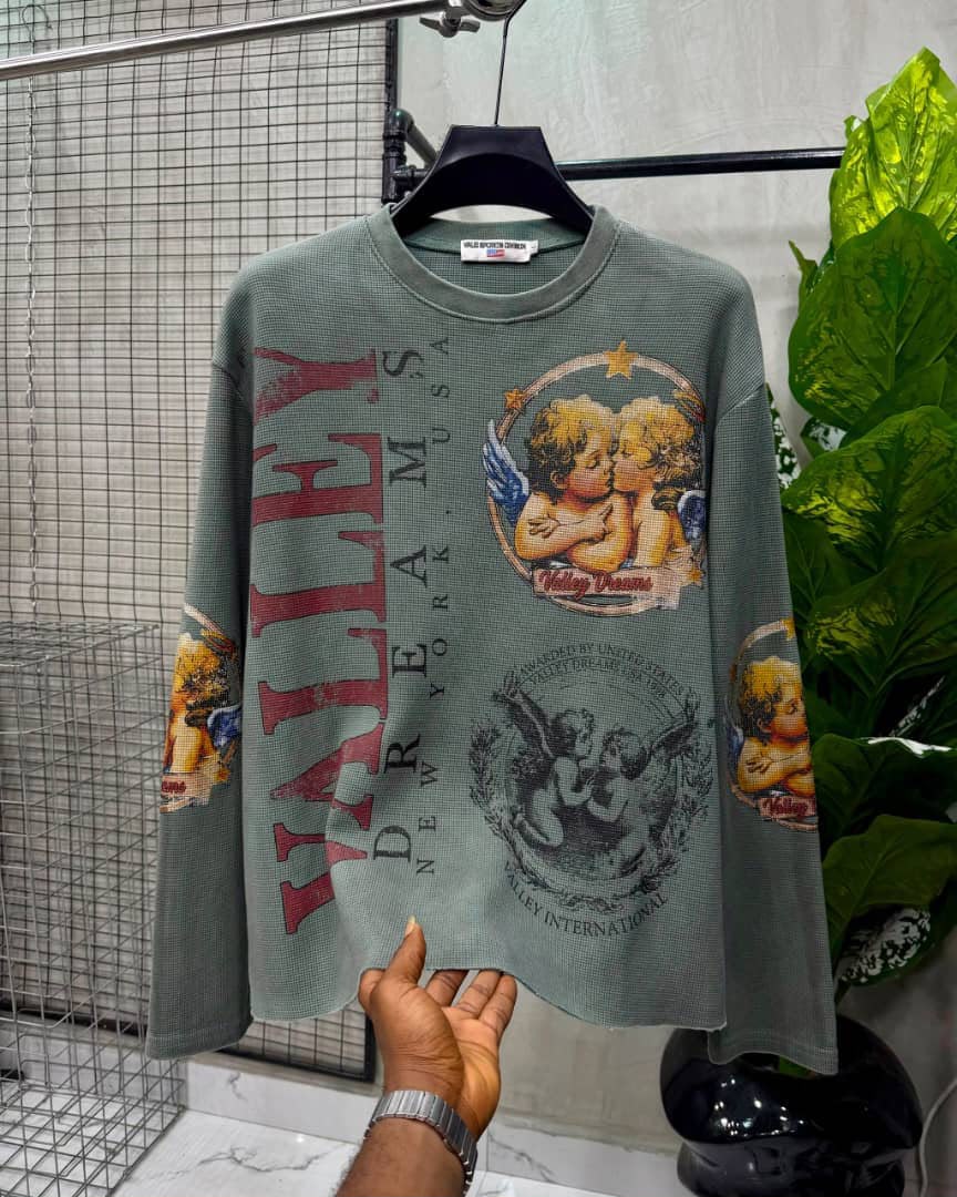 Dark Brown Valley Dreams Thermal Top Sage green graphic long-sleeve thermal shirt featuring Renaissance angel prints and typography.